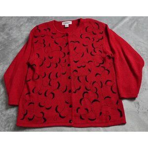 Vintage Chrysantheme Sweater Cardigan Women's 18/20 Red Beaded Shoulder Pads